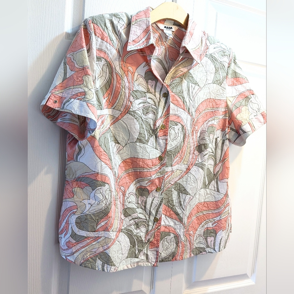 ALIA Petites White, Pink + Sage Green Printed Jacket / Blouse, 14P.